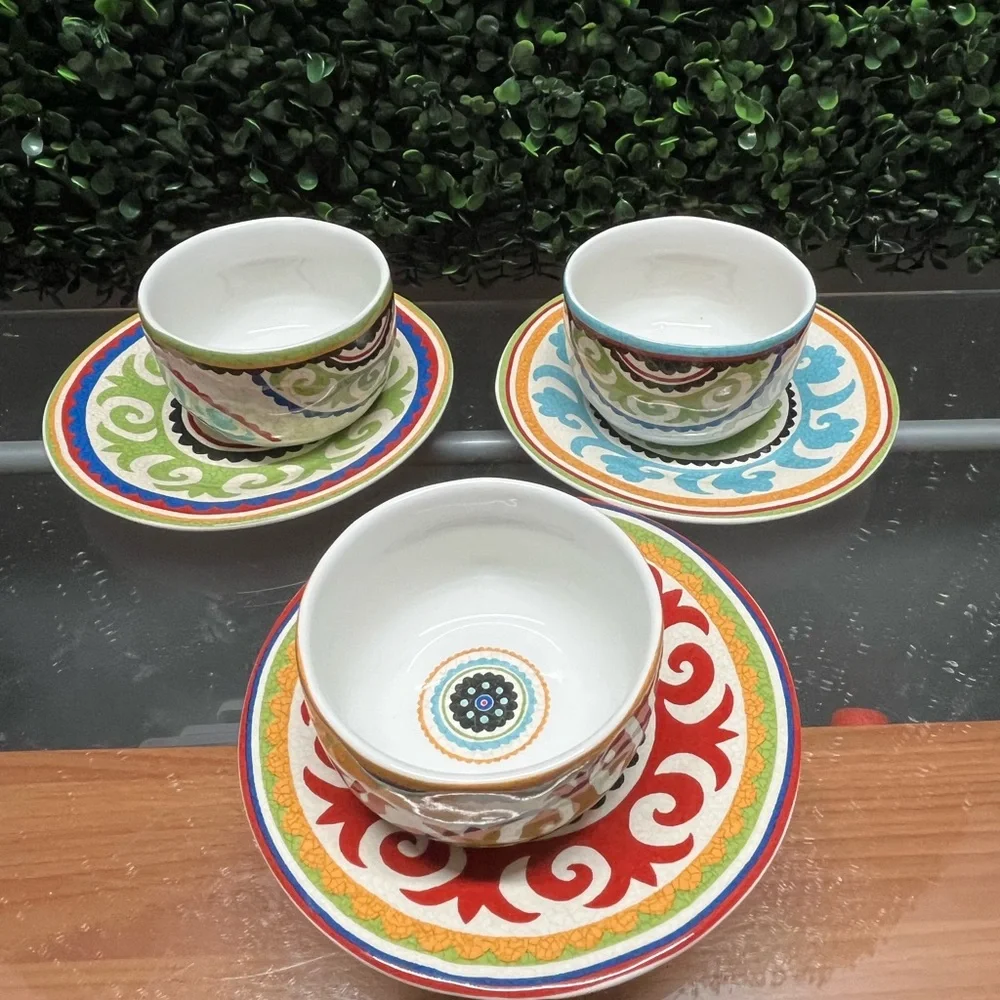 Pier 1 Multicolor Ceramic Bowl and Saucer Set